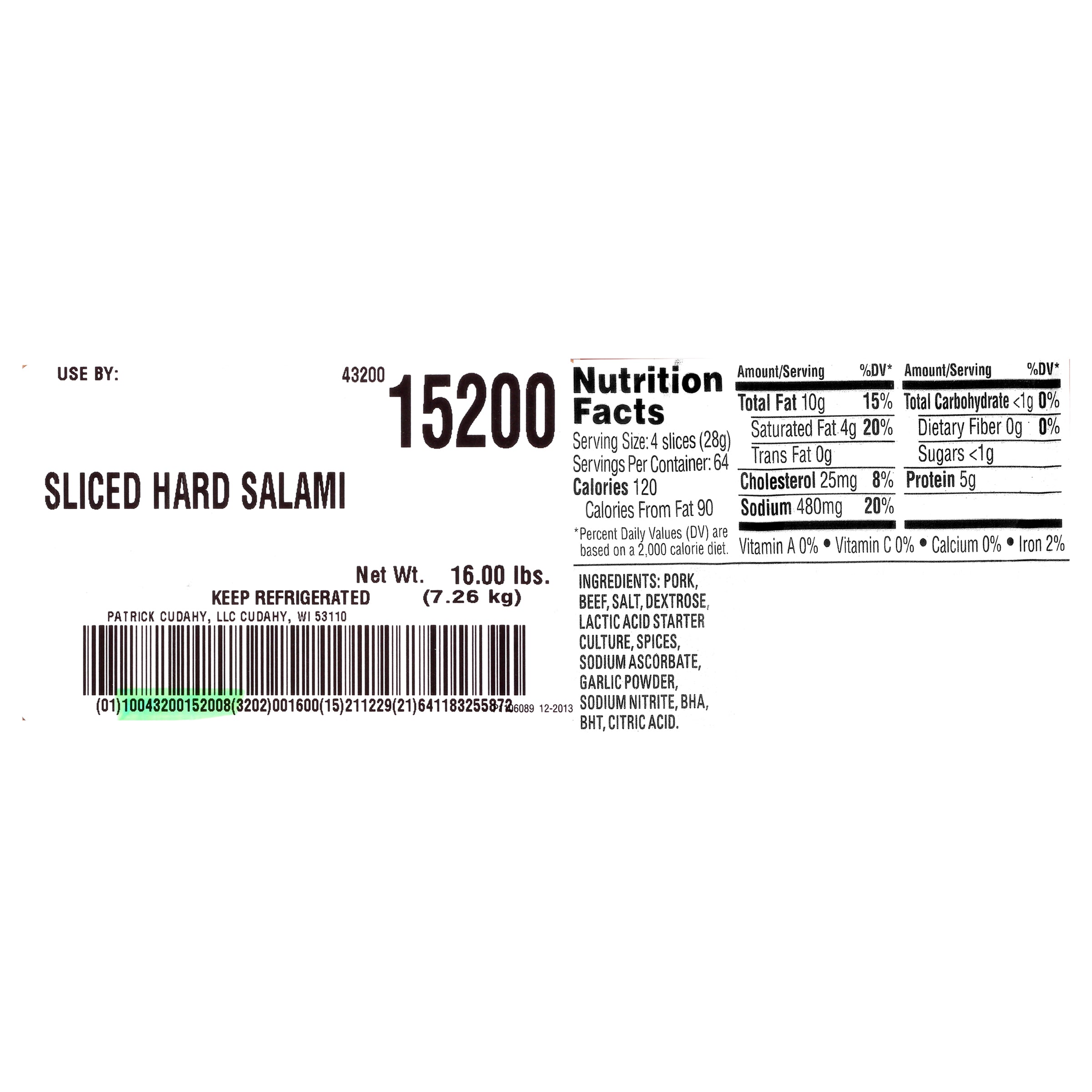 Heritage Dry Sausage Hard Salami 64 Ounce Size - 4 Per Case.