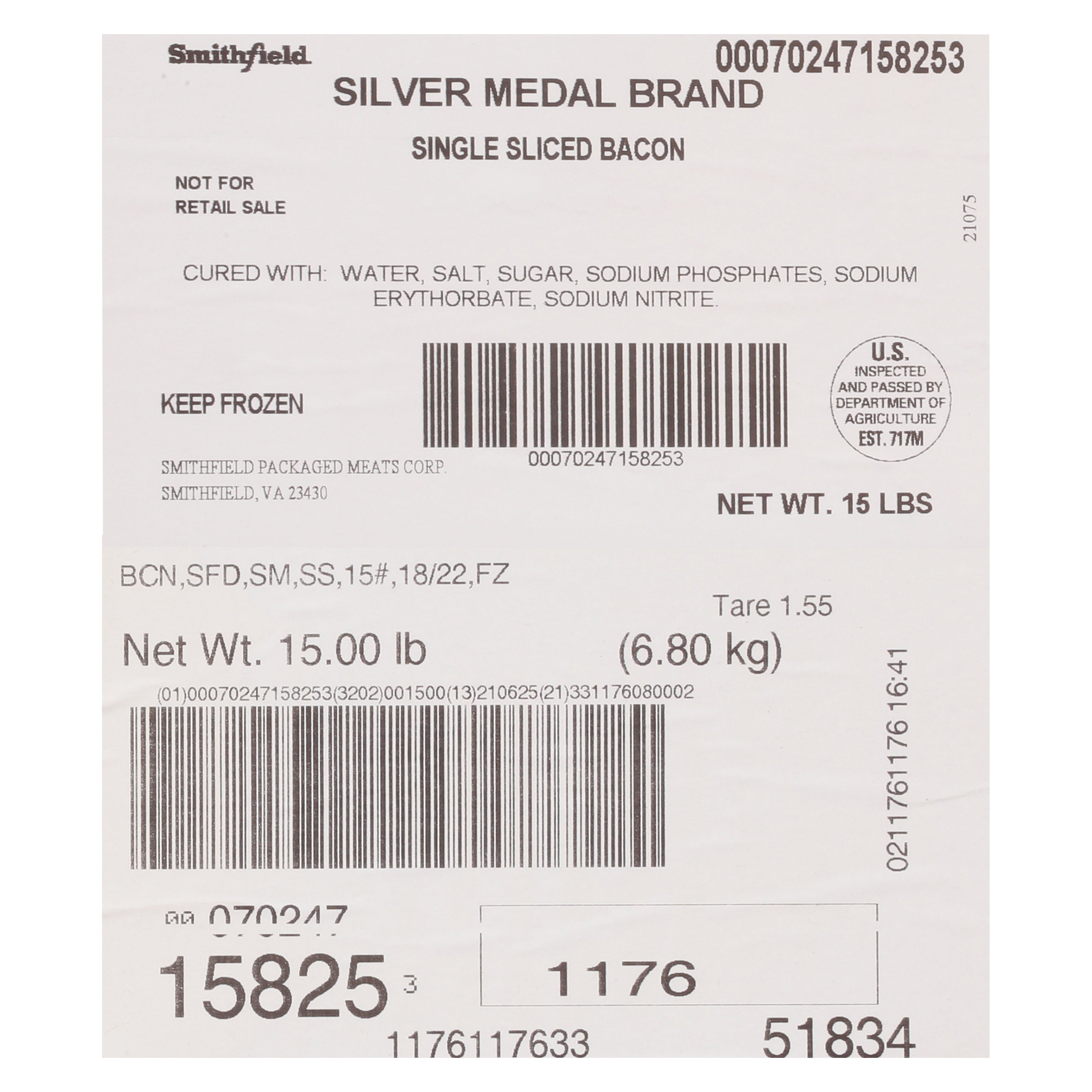 Smithfield Farmland Silver Medal Brand 18/22 Single Slice Bacon, 15 Pound Each - 1 Per Case.