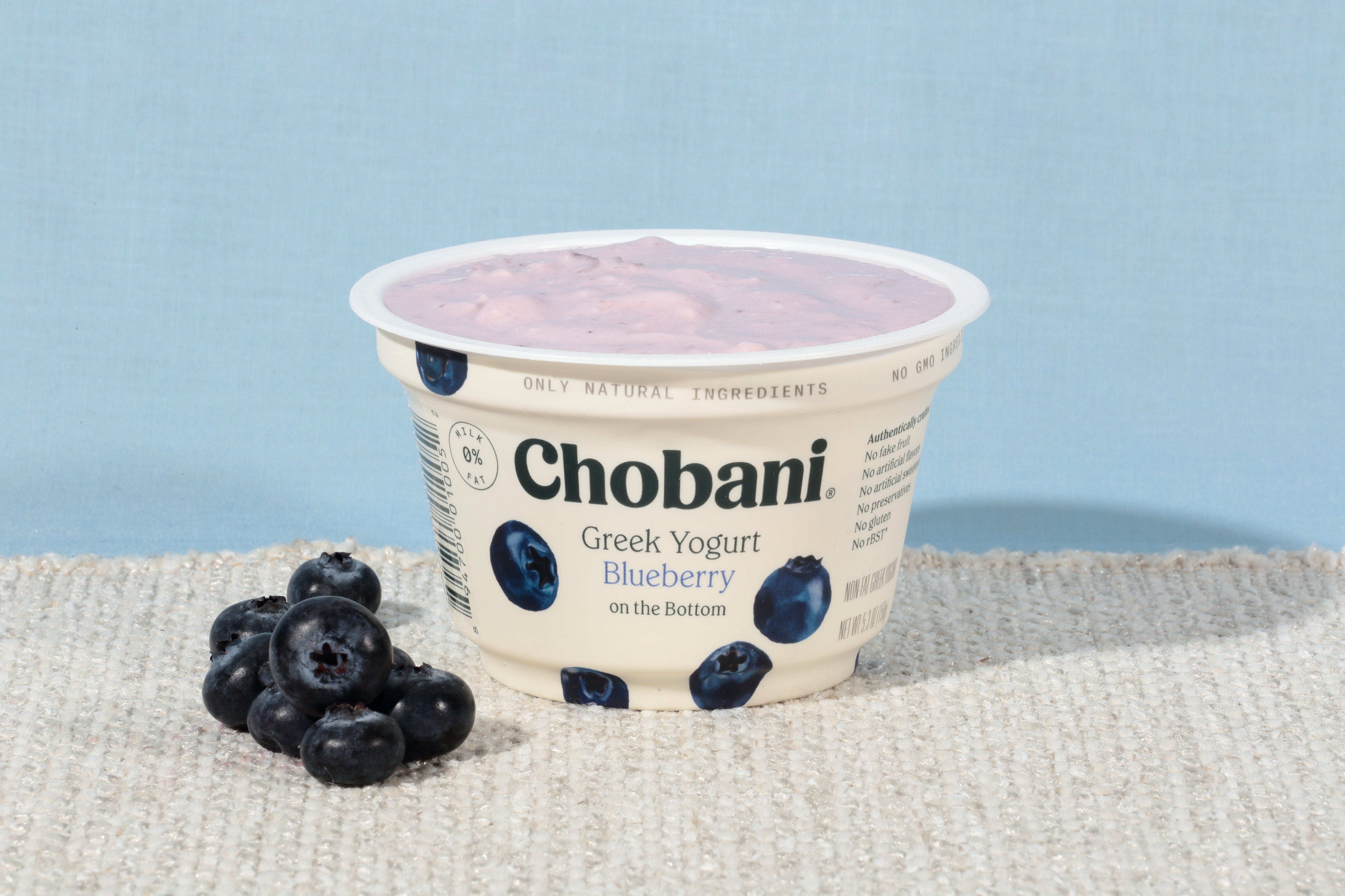 Chobani® Non Fat Greek Yogurt Blueberry Onthe Bottom 5.3 Ounce Size - 12 Per Case.