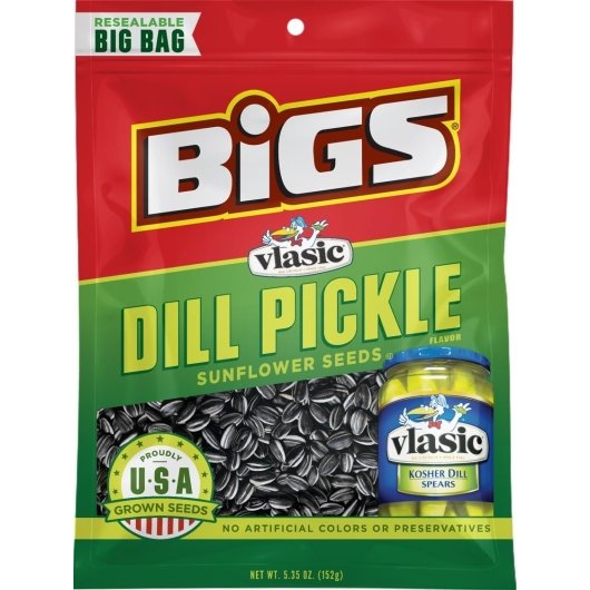Bigs Vlasic Dill Pickle Sunflower Seeds 5.35 Ounce Size - 12 Per Case.