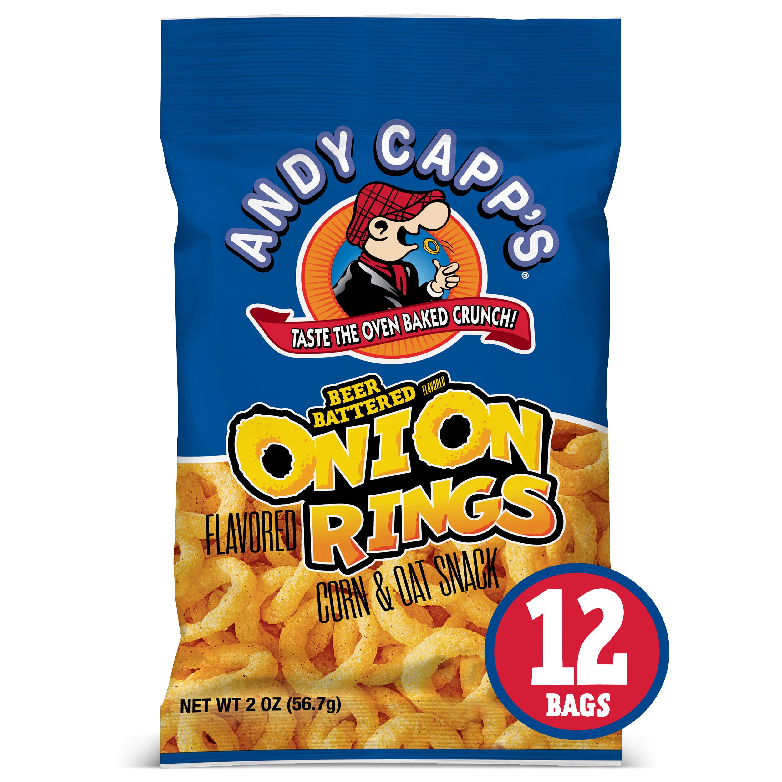 Andy Capp's Beer Battered Onion Rings Baked Oat And Corn Snacks 2 Ounce Size - 12 Per Case.
