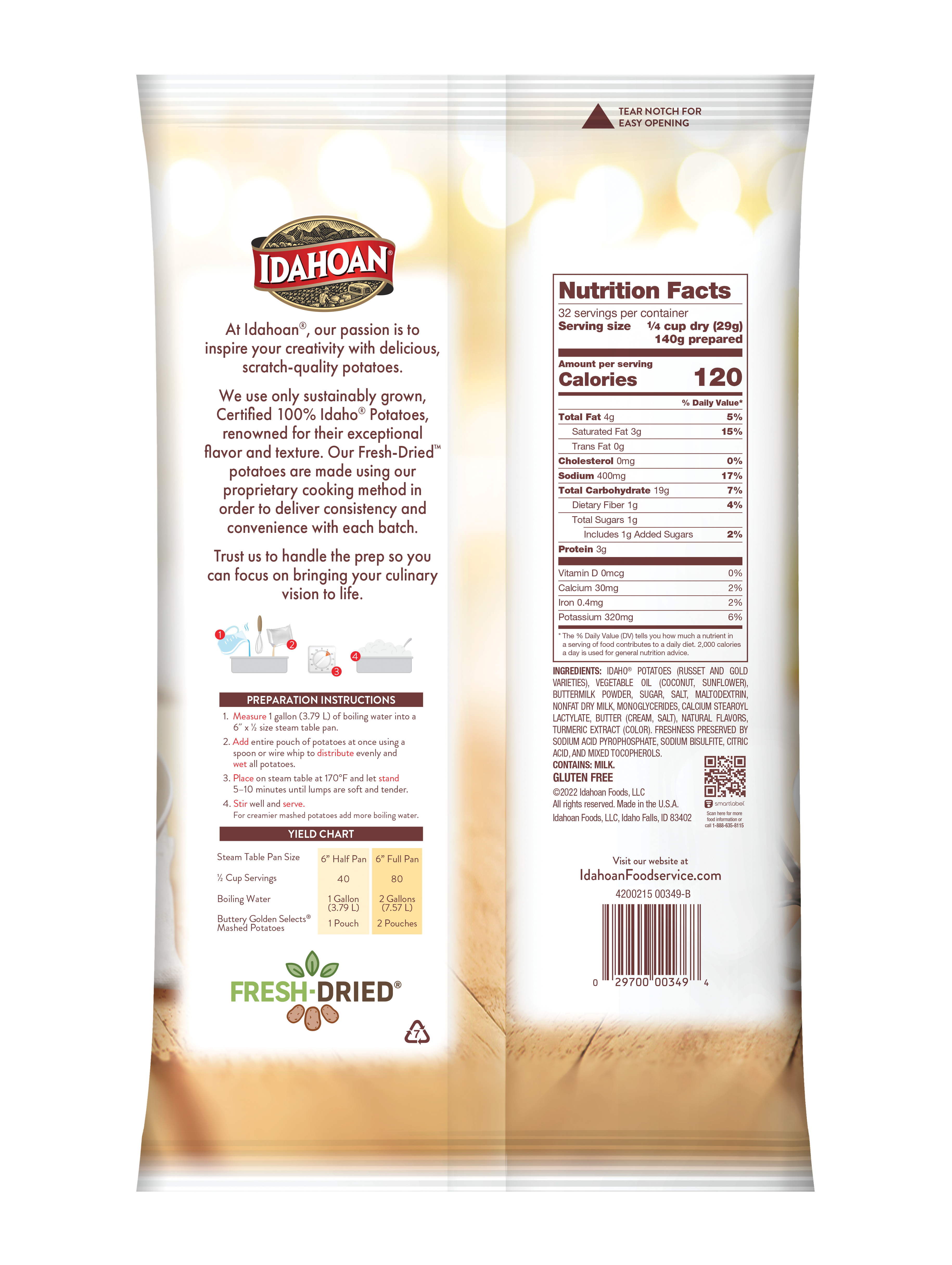 Idahoan Foods Premium Buttery Select Mashedpotatoes Pouch 32.85 Ounce Size - 8 Per Case.