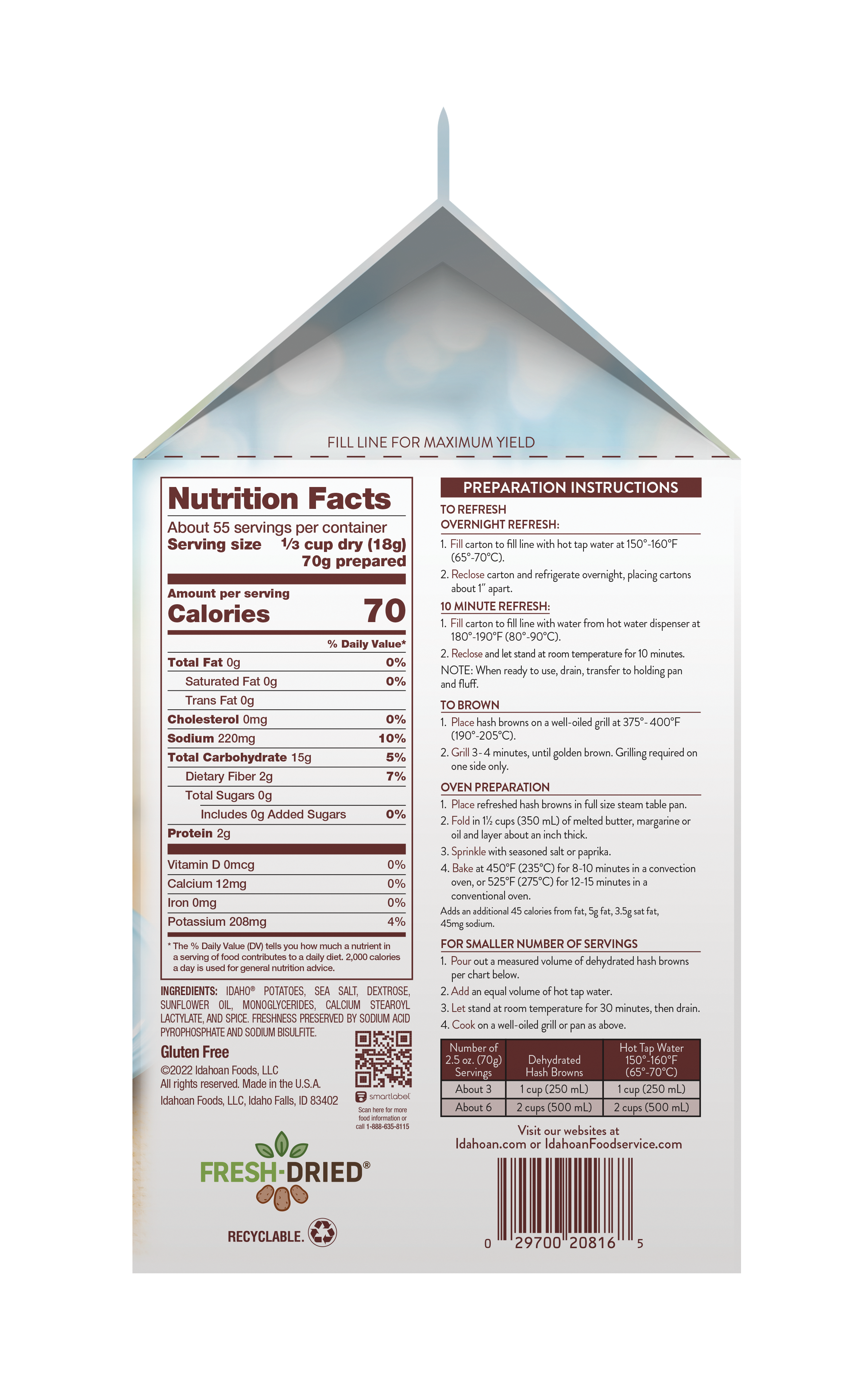 Idahoan® Shreds Hearty Cut Hash Browns Withsea Salt & Cracked Black Pepper 2.25 Pound Each - 6 Per Case.