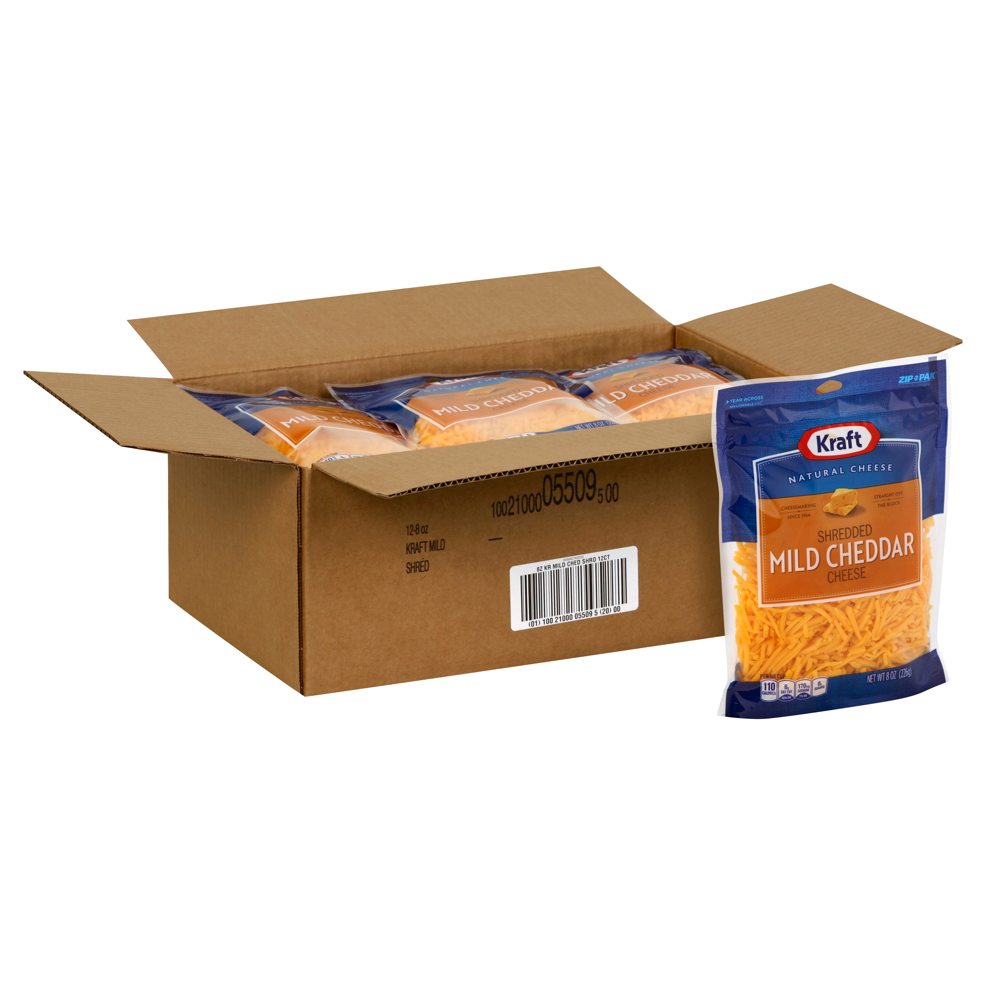 Kraft Shredded Mild Cheddar Cheese, 8 Ounce Size - 12 Per Case.
