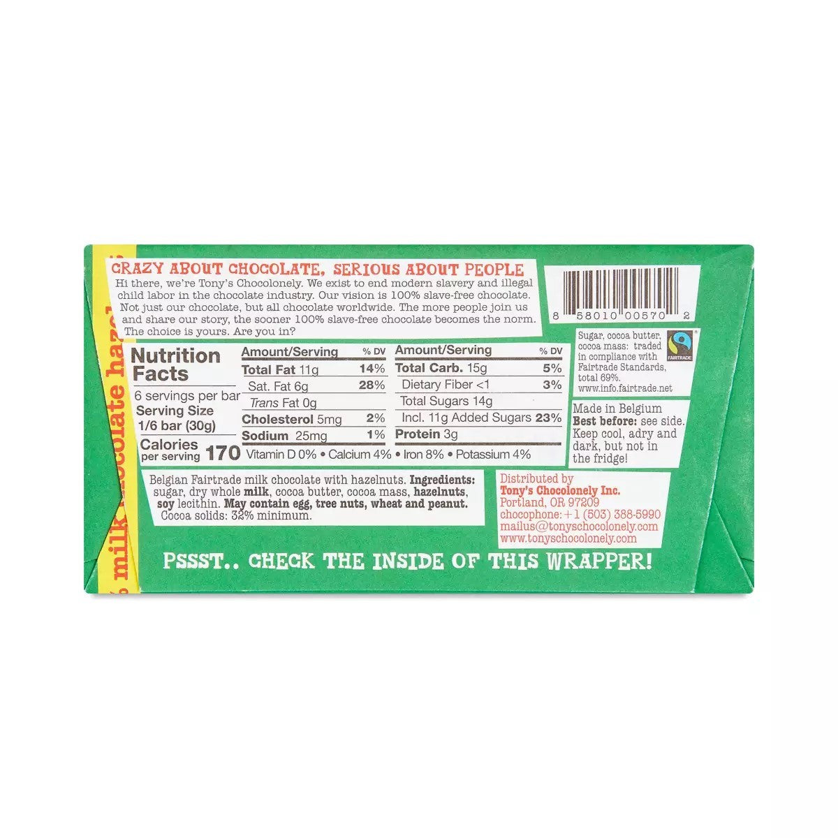 Tony's Chocolonely Milk Hazelnut Bar 6.35 Ounce Size - 15 Per Case.