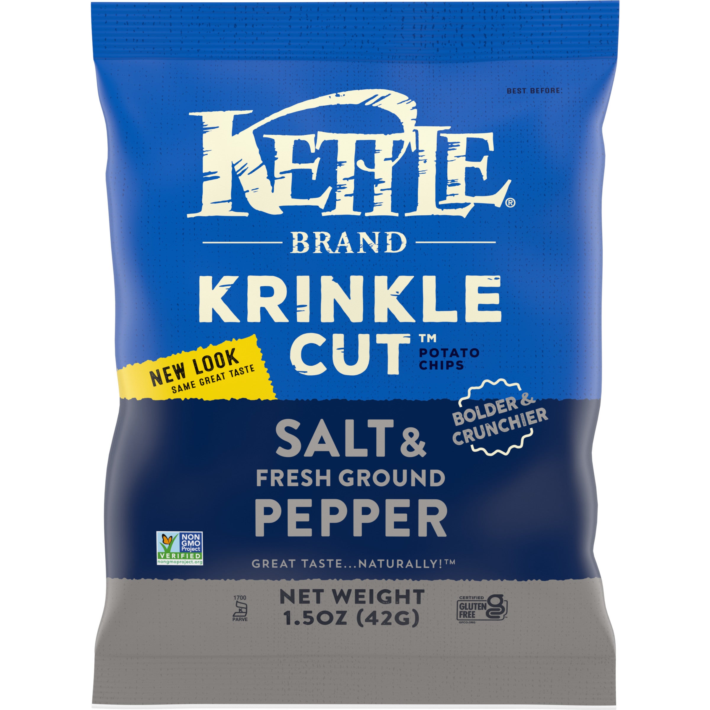 Kettle Brand Potato Chips Krinkle Cut Salt And Fresh Ground Pepper Kettle Chips 1.5 Ounce Size - 24 Per Case.