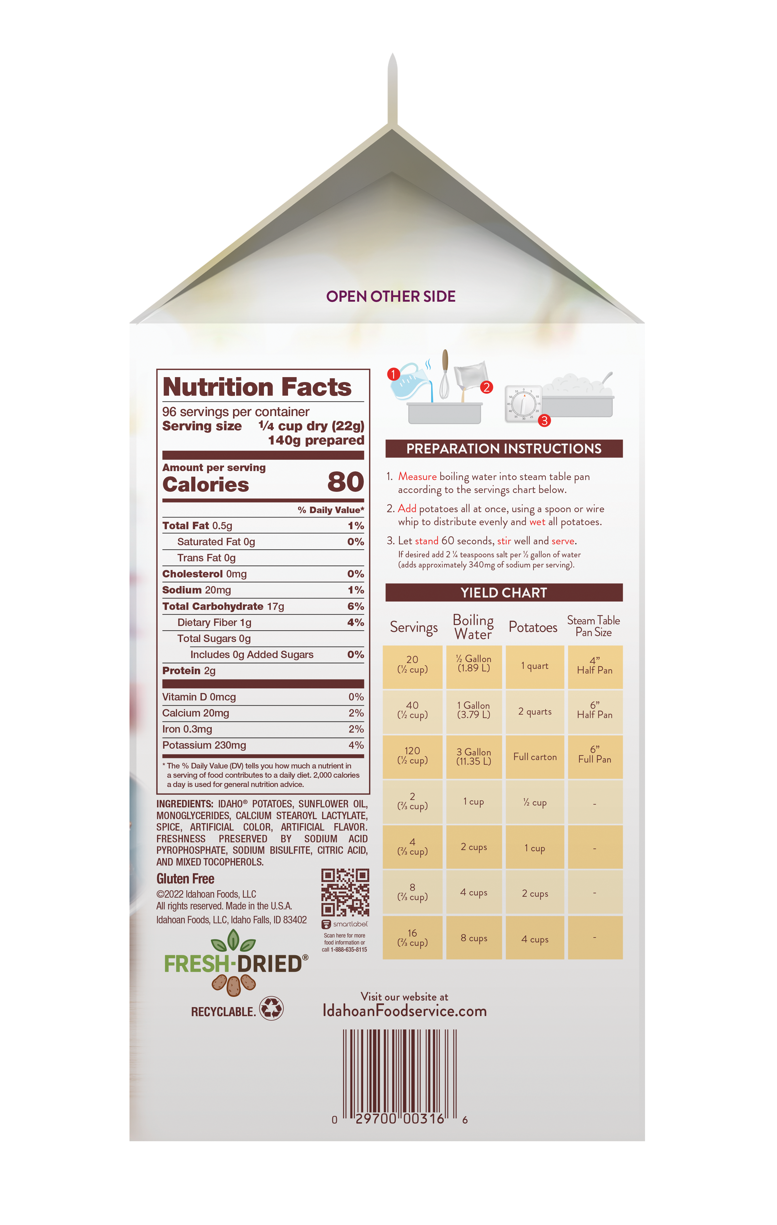 Idahoan® Smartmash® Very Low Sodium Dairy Free Mashed Potatoes Ctns 4.687 Pound Each - 6 Per Case.
