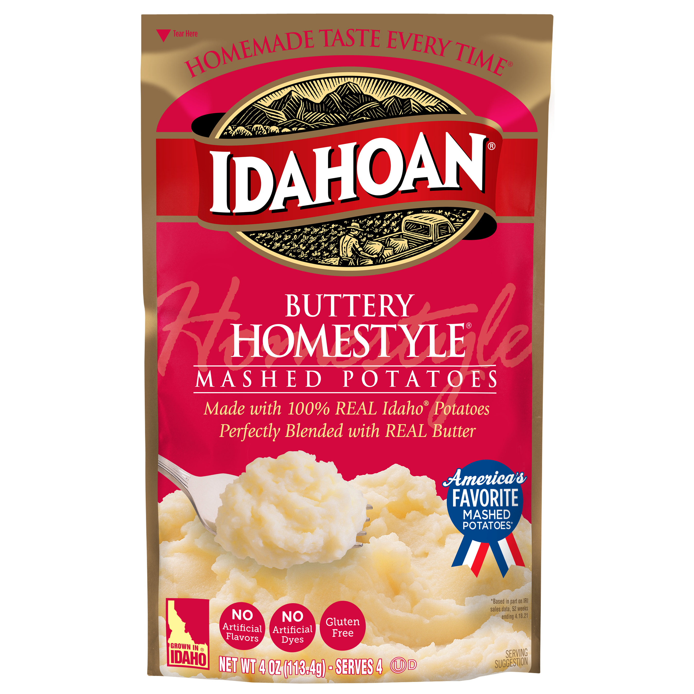 Idahoan Foods Buttery Homestyle Mashed Potatoes Pouch 1 Count Packs - 12 Per Case.