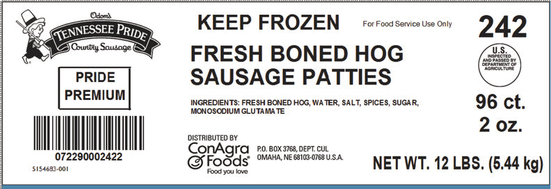 Odoms Tennessee Pride Whole Hog Fresh Sliced3" Sausage Patties 2 Ounce Size - 96 Per Case.