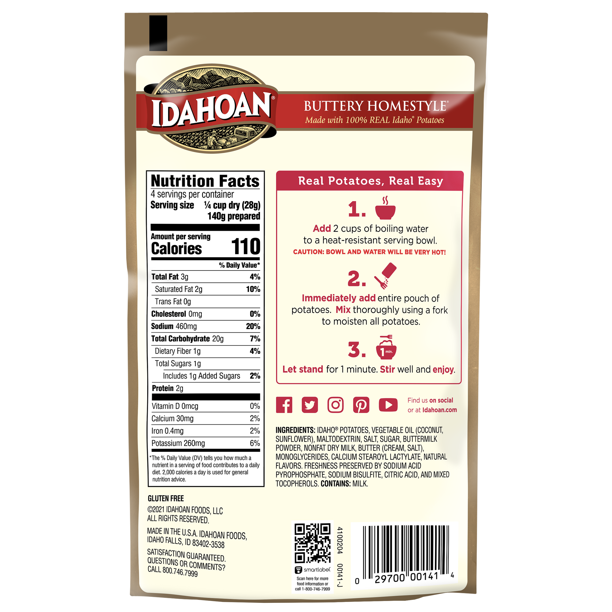 Idahoan Foods Buttery Homestyle Mashed Potatoes Pouch 1 Count Packs - 12 Per Case.