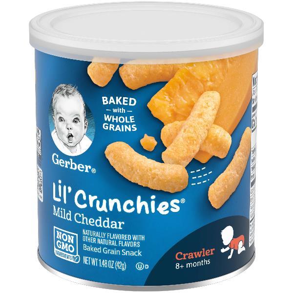 Gerber Lil' Crunchies Mild Cheddar Baked Grain Snack Baby Food 1.48 Ounce Size - 6 Per Case.