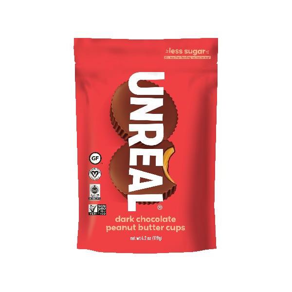Unreal Candy Dark Chocolate Peanut Butter Cup Bags 4.2 Ounce Size - 6 Per Case.