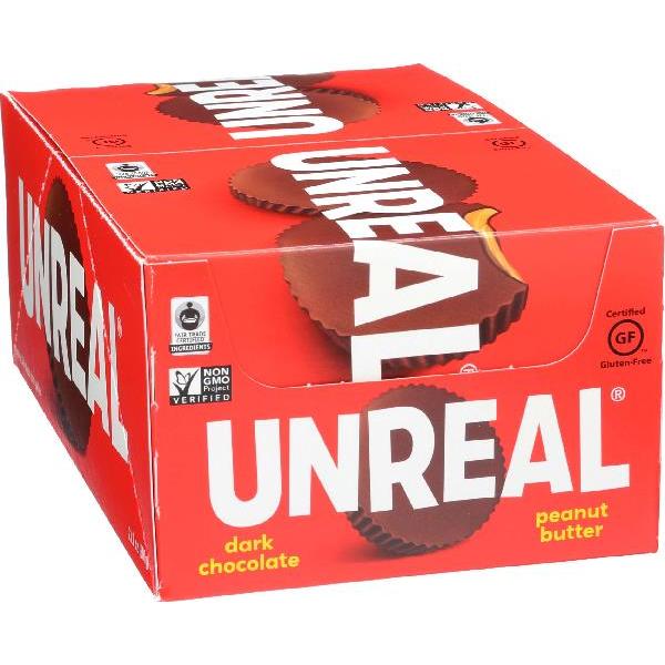 Unreal Candy Dark Chocolate Peanut Butter Cup Caddy 0.5 Ounce Size - 240 Per Case.