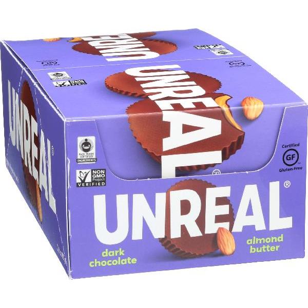 Unreal Candy Dark Chocolate Almond Butter Cup Caddy 0.5 Ounce Size - 240 Per Case.