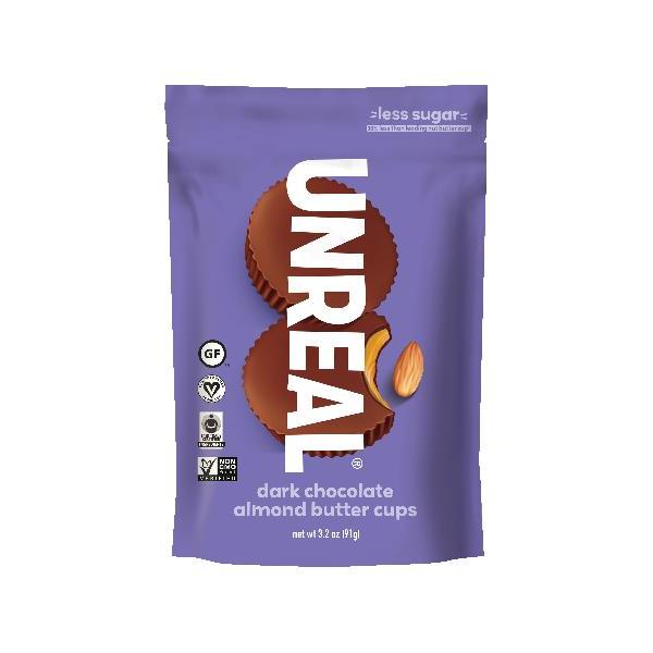 Unreal Candy Dark Chocolate Almond Butter Cups Bag 3 Ounce Size - 6 Per Case.