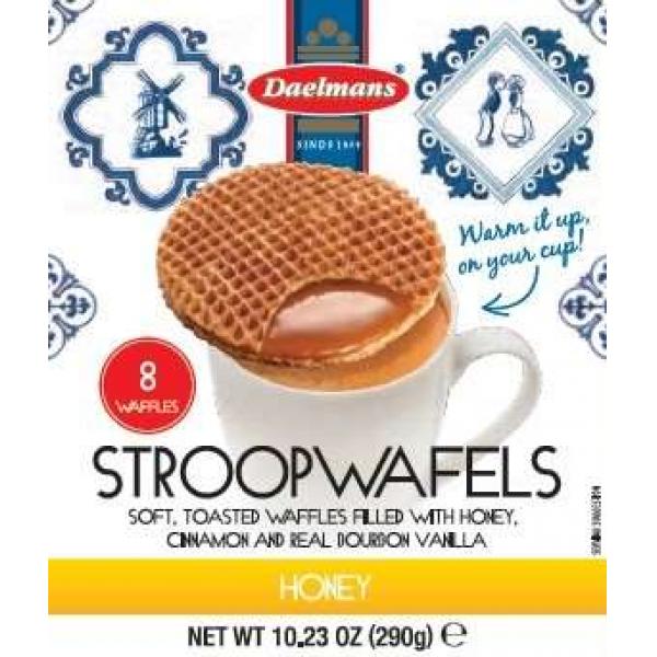 Daelmans Jumbo Honey Stroopwafel Cube Box Display 10.23 Ounce Size - 8 Per Case.