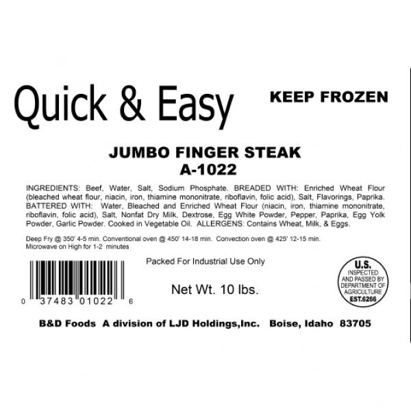 B And Foods Beef Finger Steaks Jumbo 5 Pound Each - 2 Per Case.