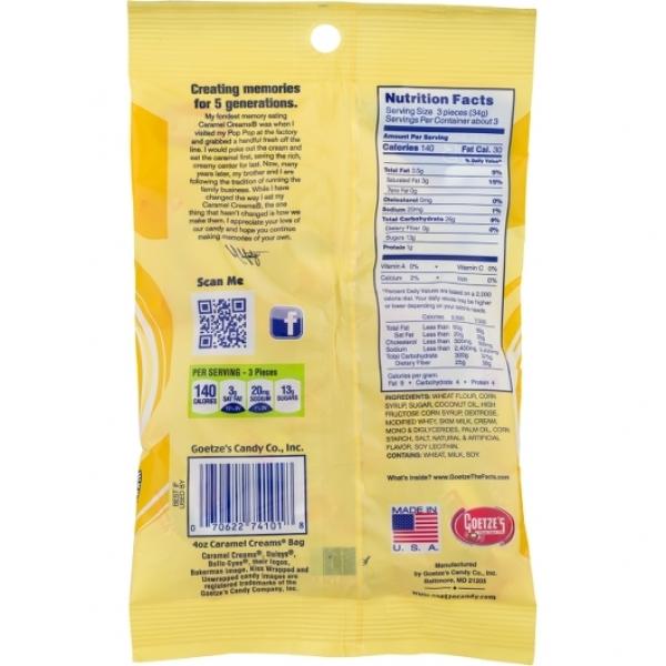 Goetze Candy Caramel Creams Peg Bag 4 Ounce Size - 12 Per Case.