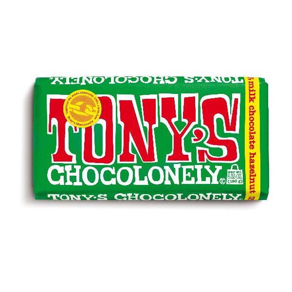 Tony's Chocolonely Milk Hazelnut Bar 6.35 Ounce Size - 15 Per Case.
