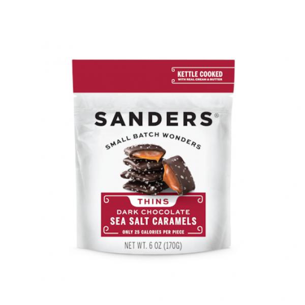 Sanders Dark Chocolate Sea Salt Caramel Thins 6 Ounce Size - 6 Per Case.