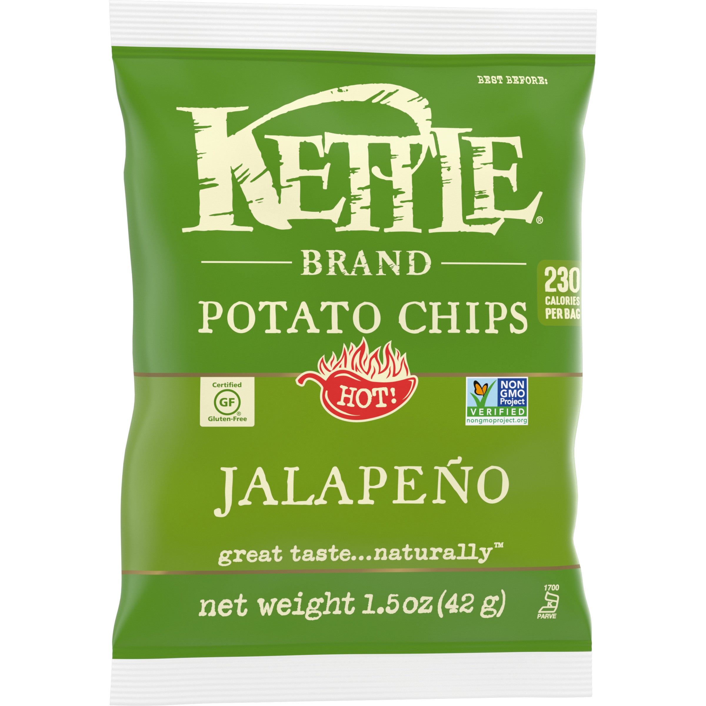 Kettle Brand Potato Chips Jalapeno Kettle Chips Snack Bag 1.5 Ounce Size - 24 Per Case.