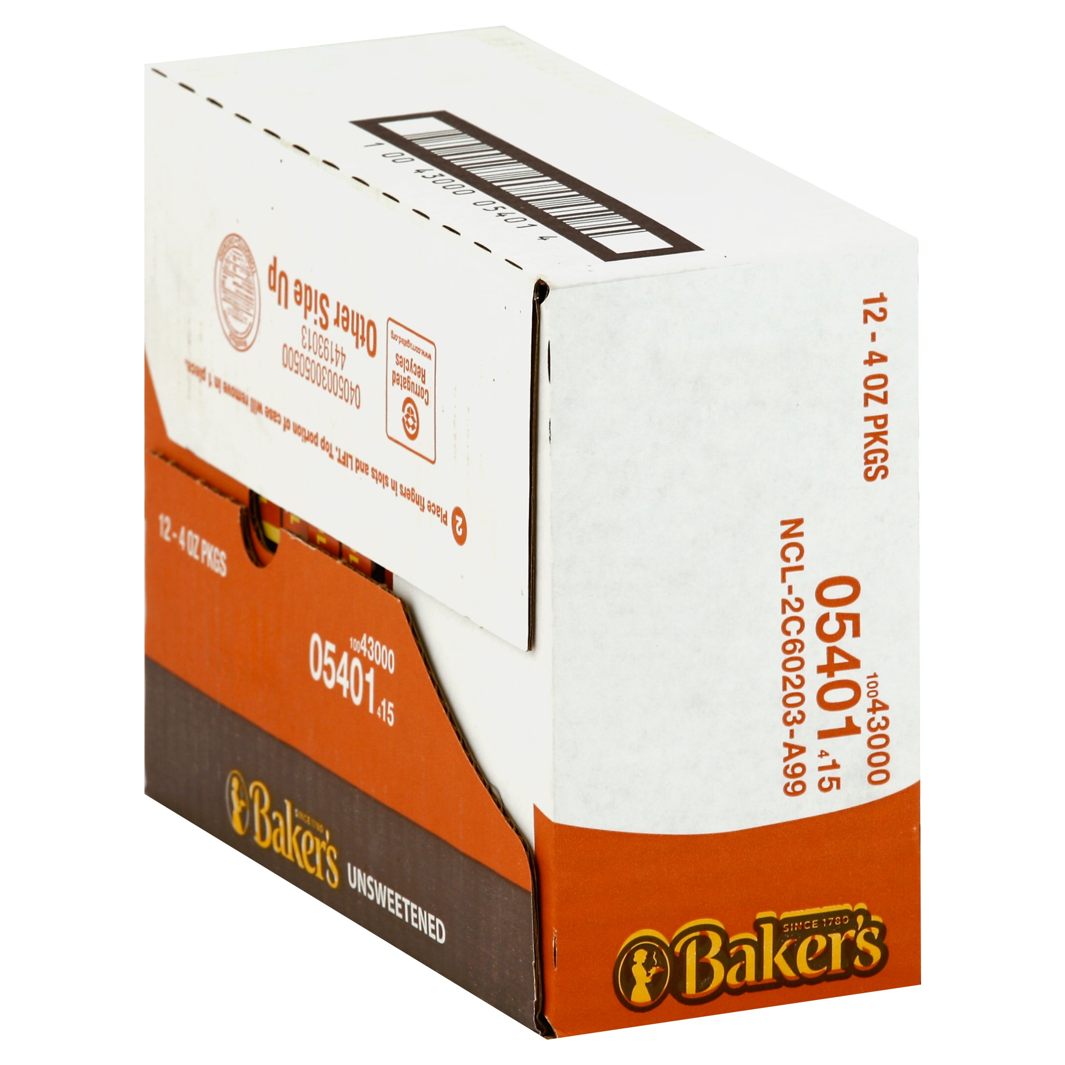 Baker's Bakers Chocolate Unsweetened, 4 Ounce Size - 12 Per Case.