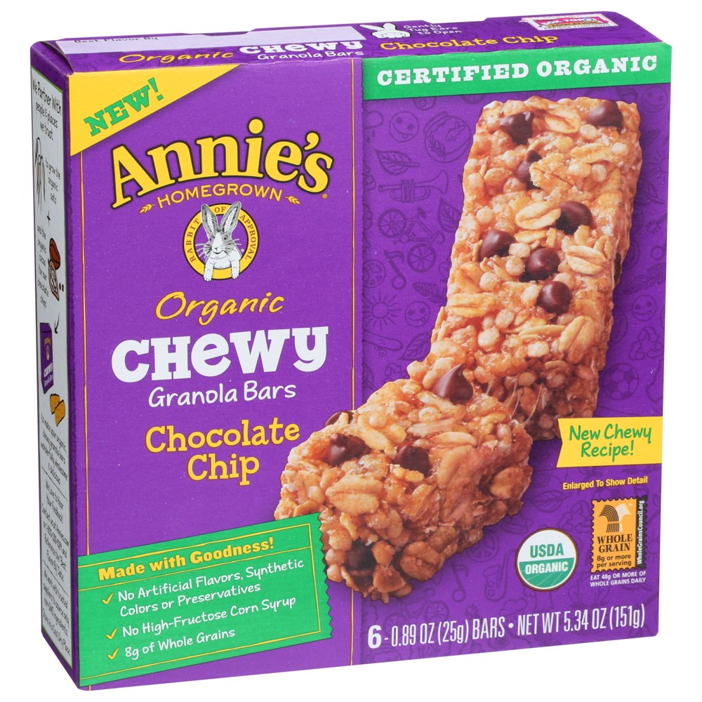 Annie's Homegrown® , Annie's Homegrown Organicanic Chewy Granola Bars, Chocolate Chip, 6 Pack,  Case of 12