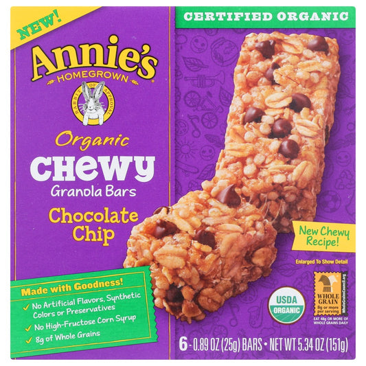 Annie's Homegrown® , Annie's Homegrown Organicanic Chewy Granola Bars, Chocolate Chip, 6 Pack,  Case of 12