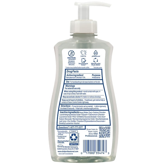 Dial Fragrance-Free Antibacterial & Sensitive Liquid Hand Soap With Aloe, 11 Fluid Ounce, 12 Per Case