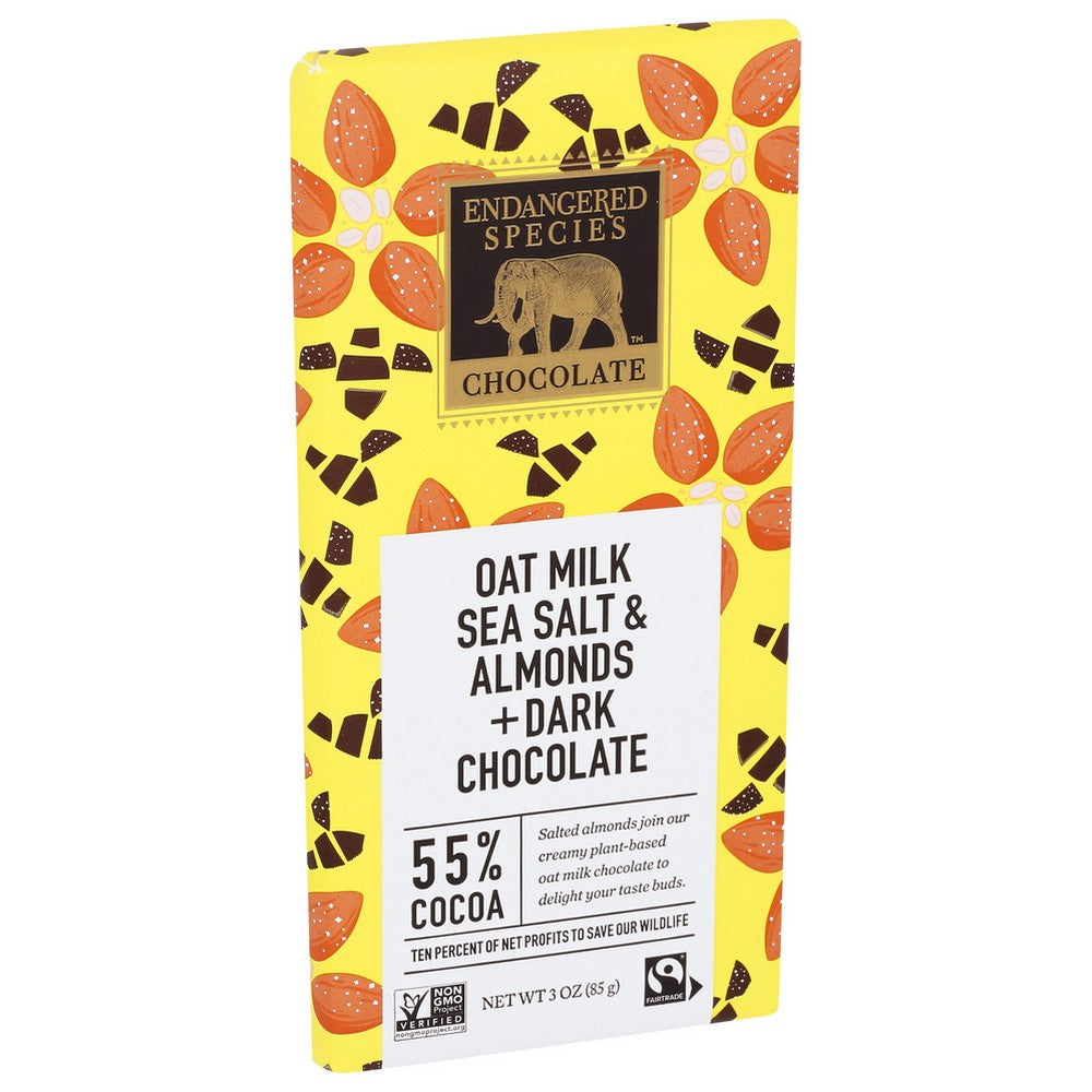 Endangered Species Chocolate® 047,  55% Dark Chocolate + Oat Milk & Sea Salt, Almonds 3 Ounce,  Case of 12