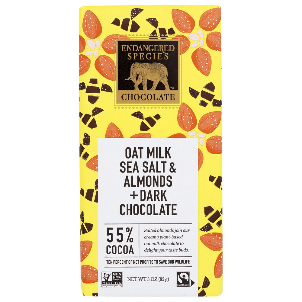 Endangered Species Chocolate® 047,  55% Dark Chocolate + Oat Milk & Sea Salt, Almonds 3 Ounce,  Case of 12