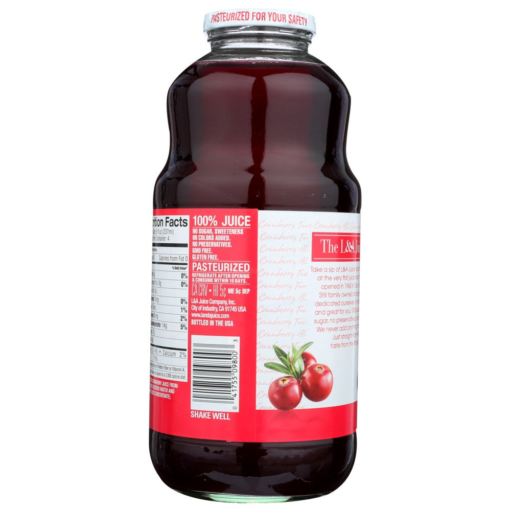 L&A ,  Juice All Cranberry 32 Fluid Ounce,  Case of 6