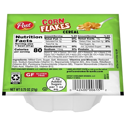 Post Consumer Brands Post Corn Flakes Cereal Bowl, 0.75 Ounce, 96 Per Case
