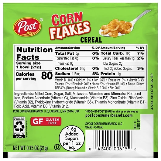 Post Consumer Brands Post Corn Flakes Cereal Bowl, 0.75 Ounce, 96 Per Case