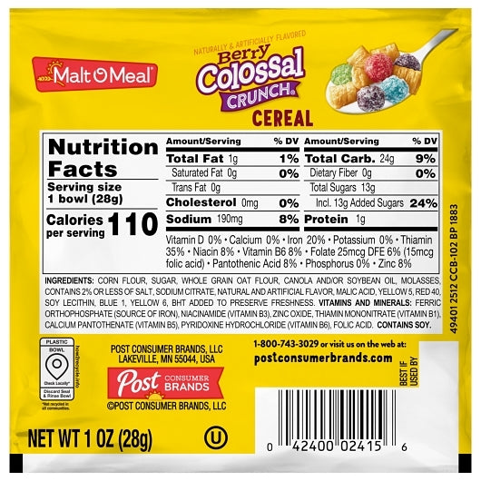 Post Consumer Brands Berry Colossal Crunch Single Serve Bowl 1 Ounce - 96 Per Case