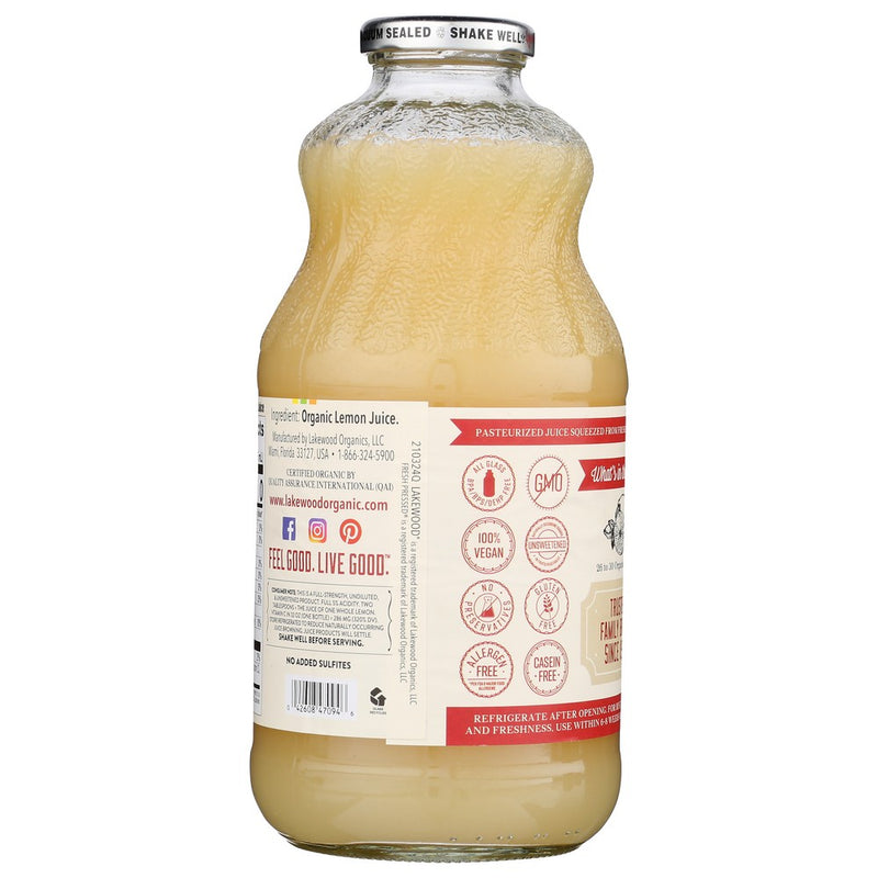 Lakewood Juice Pur Lemon Organic - 32 Fluid Ounce, Case of 6