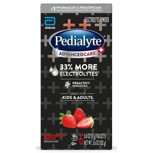 Pedialyte Advance Care Plus Strawberry Freeze Electrolyte Powder Packets, 0.6 Ounce, 6 Per Pack, 6 Per Case