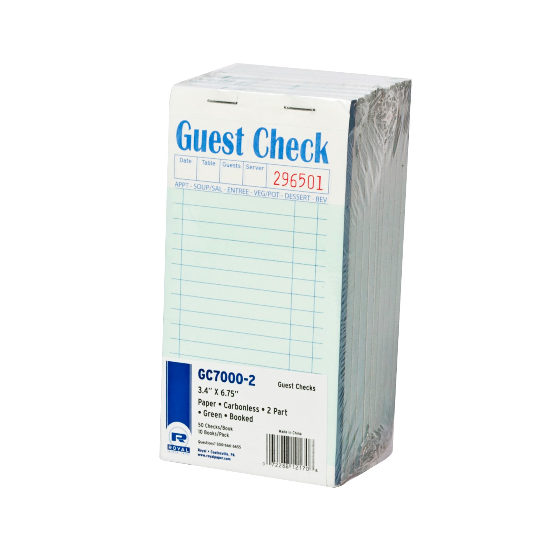 Guest Check Paper Carbonless 2 Part Booked Pkd 50/50        17 Lines - Green