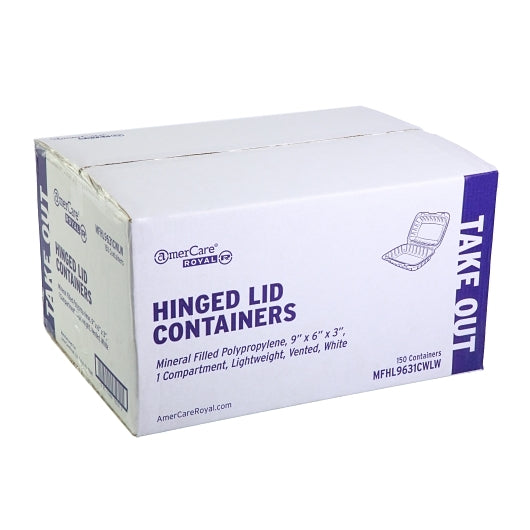 Amercare Mineral Filled Polypropylene White Container, Hinged Lid, 9X6x3, Vented, 150 Each