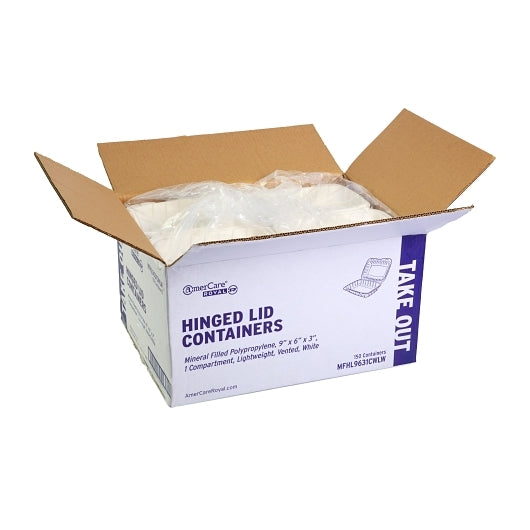 Amercare Mineral Filled Polypropylene White Container, Hinged Lid, 9X6x3, Vented, 150 Each