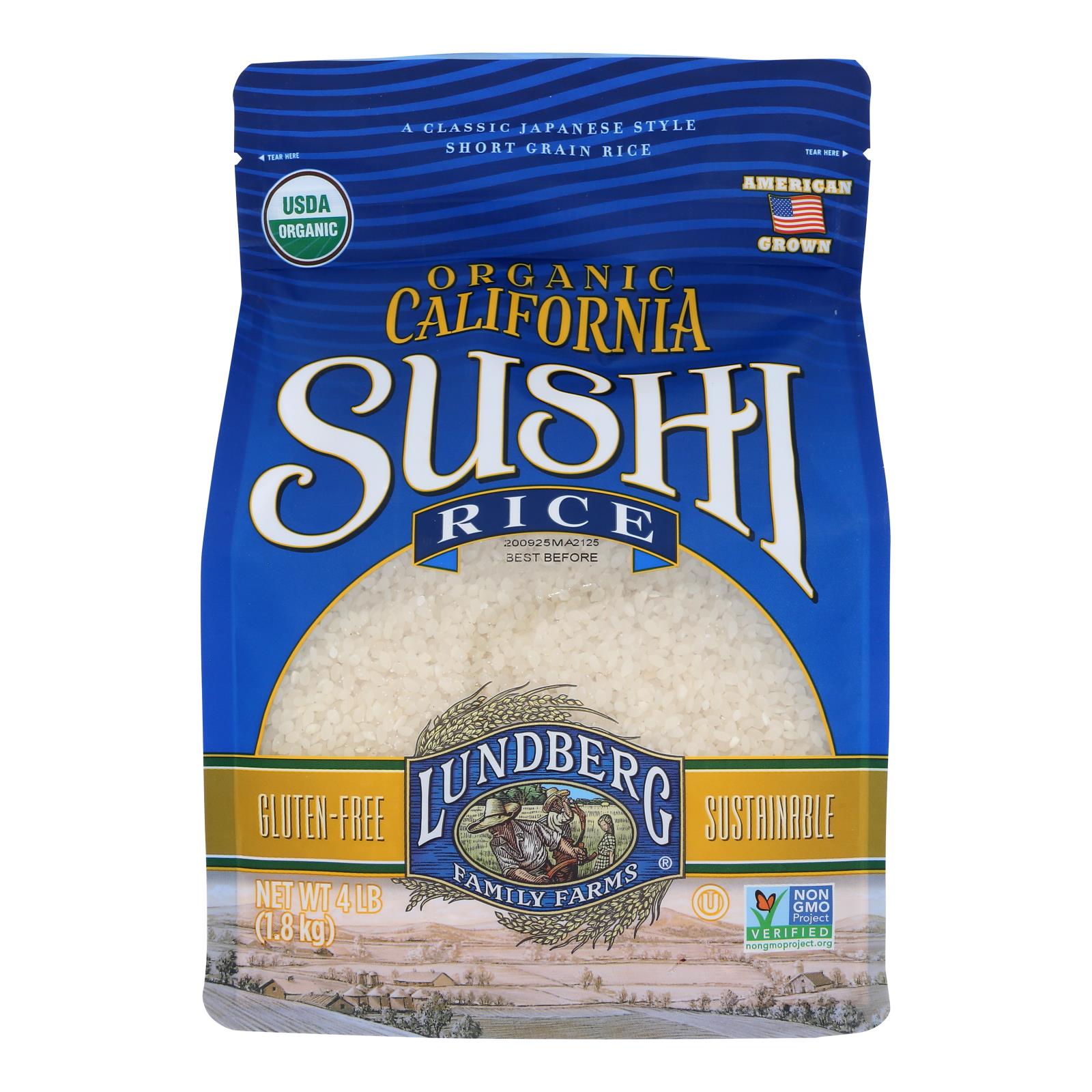 Lundberg Family Farms Organic White Sushi Rice  - Case of 6 - 4 LB