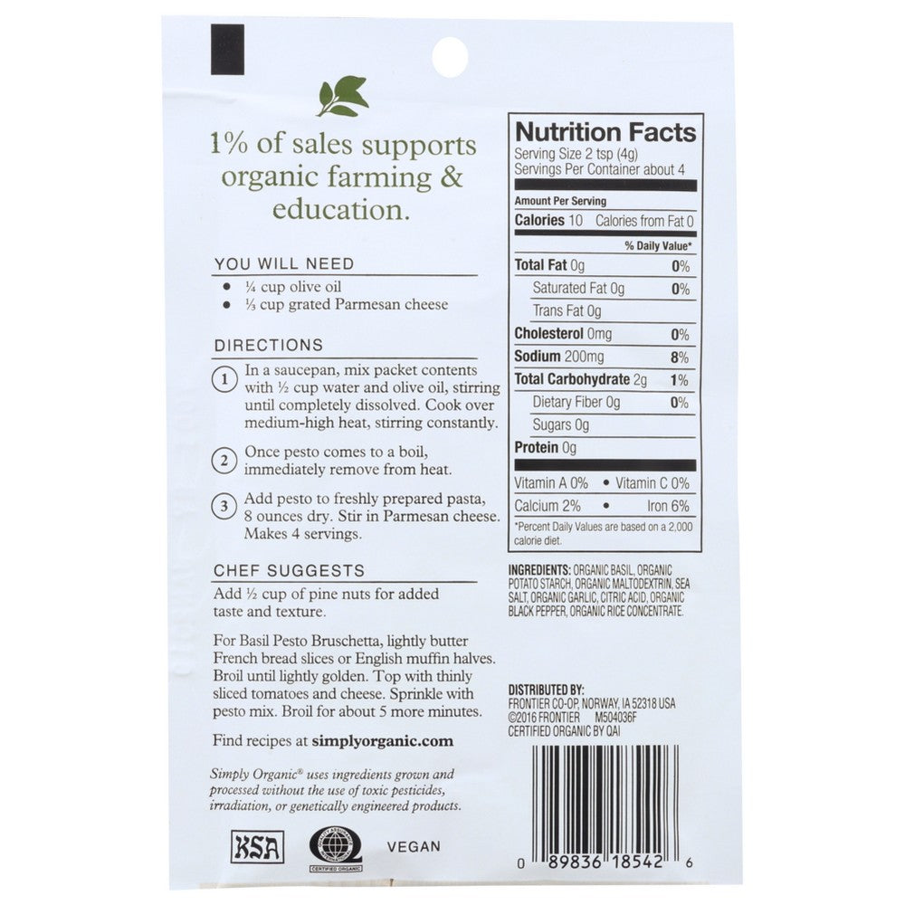 Simply Organicanic 18542, Simply Organicanic Seasoning Mix, Sweet Basil Pesto, 0.53 Oz.,  Case of 12