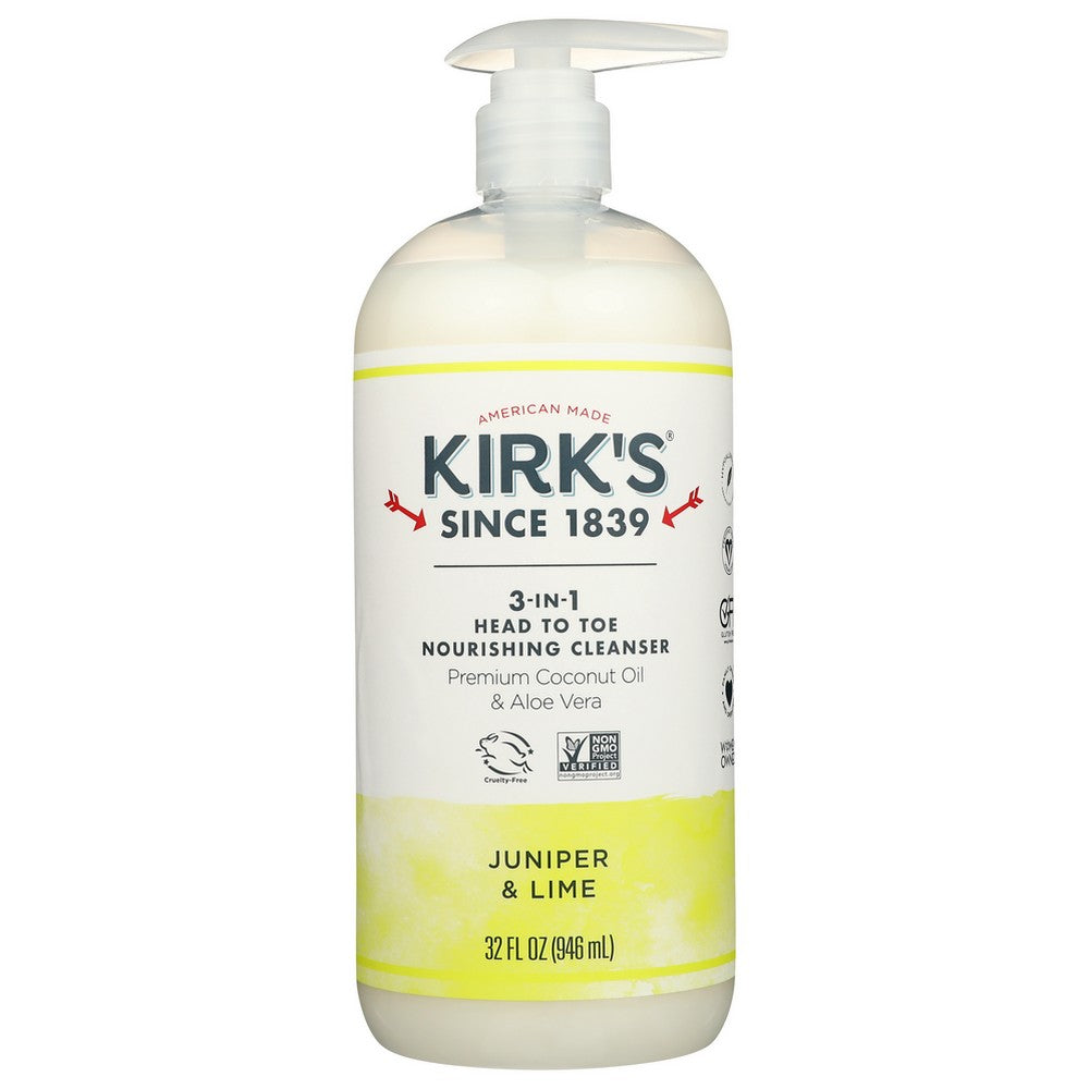 Kirk's® 11023, 3-In-1 Head To Toe Nourishing Cleanser - Juniper & Lime 3-In-1 Liquid Soap 32 Fluid Ounce,  Case of 1