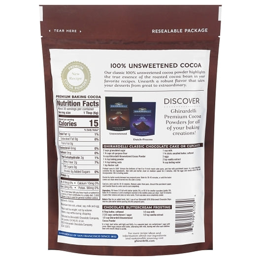 Ghirardelli Unsweetened Cocoa Powder Pouch 8 Ounce Size - 6 Per Case