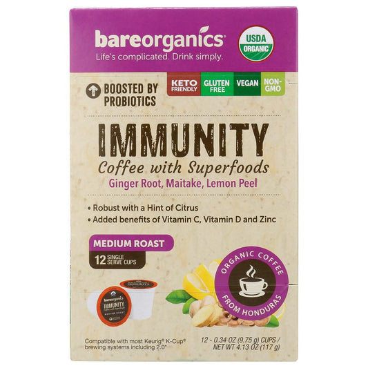 BareOrganicanics 15402, Tropical Flavor BareOrganicanics Immunity Coffee With Superfoods (12Ct Single Serve Cups) 4.13 Ounce,  Case of 6