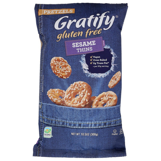 Gratify 210-10-312, Sesame Gratify Gluten Free Sesame Pretzel Thins 10.5 Ounce,  Case of 6