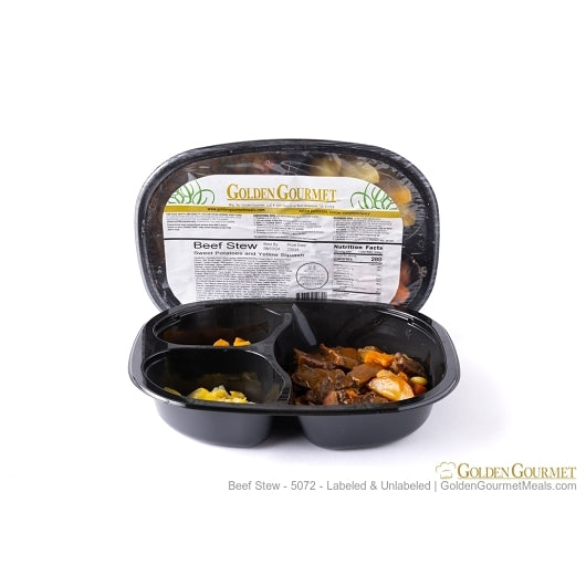 Beef & Vegetables In Sauce With Roasted Potatoes Served With Green Peas And A Blend Of Ch 12.05 Ounce Size - 20 Per Case.