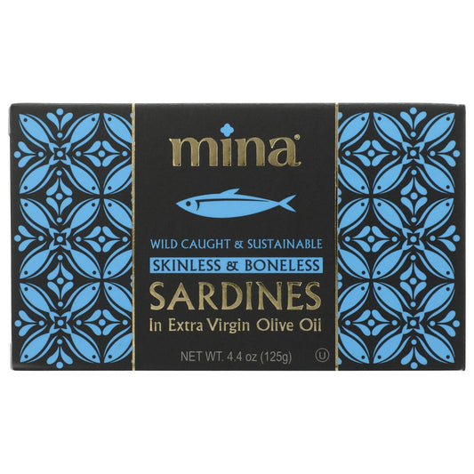 Mina 749,  Sardines Skinless & Boneless In Extra Virgin Olive Oil 4.4 Ounce,  Case of 12