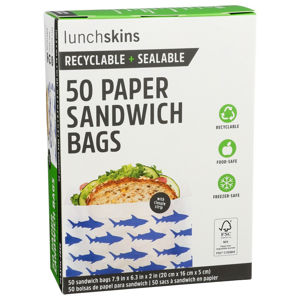 Lunchskins , Shark Paper Bags Paper Sandwich Bag, Navy Shark  ,  Case of 12