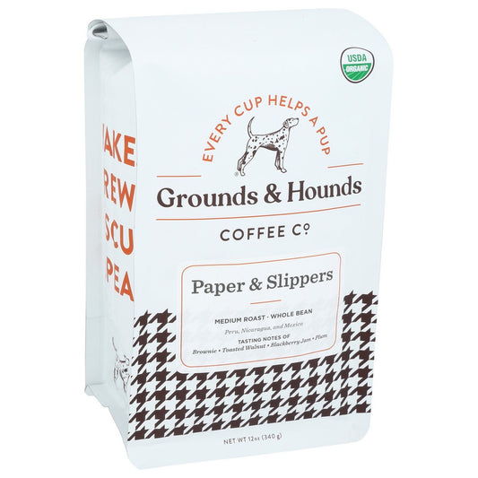 Grounds & Hounds Coffee Co. 02019234, Paper & Slippers Whole Bean Coffee 12 Ounce, Case of 8